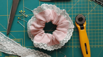 Peach Linen Scrunchie with Off-white lace trim