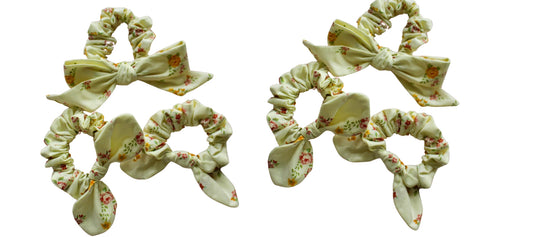 Sewing project of scrunchies with bows made using fabric scraps