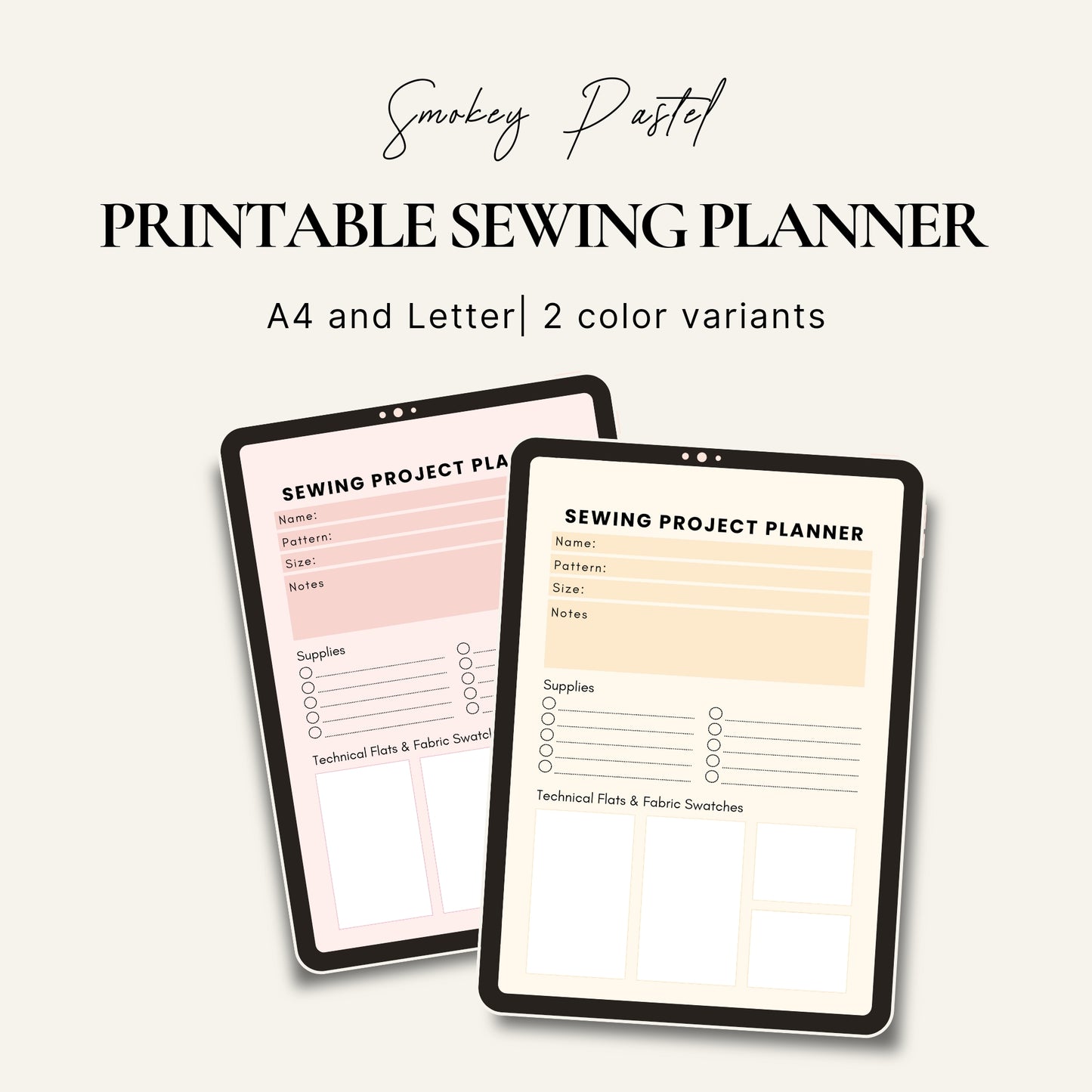 2 pages of a printable sewing project planner