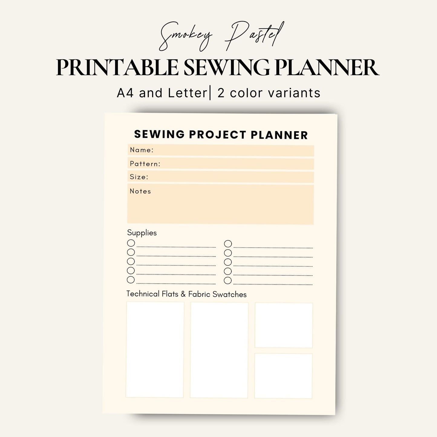 Printable sewing project planner in yellow