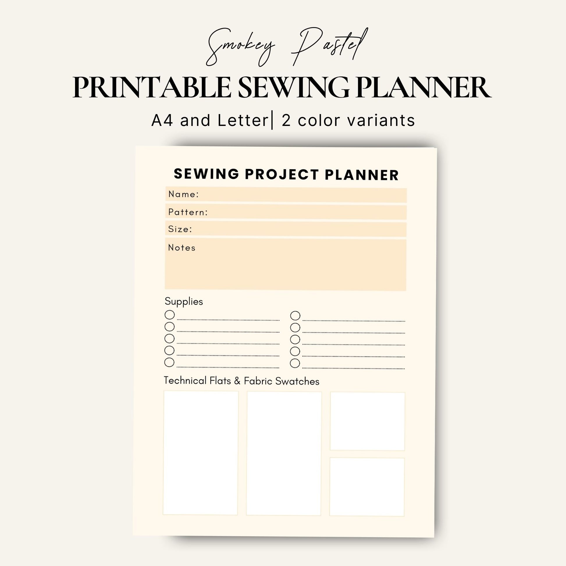 Printable sewing project planner in yellow