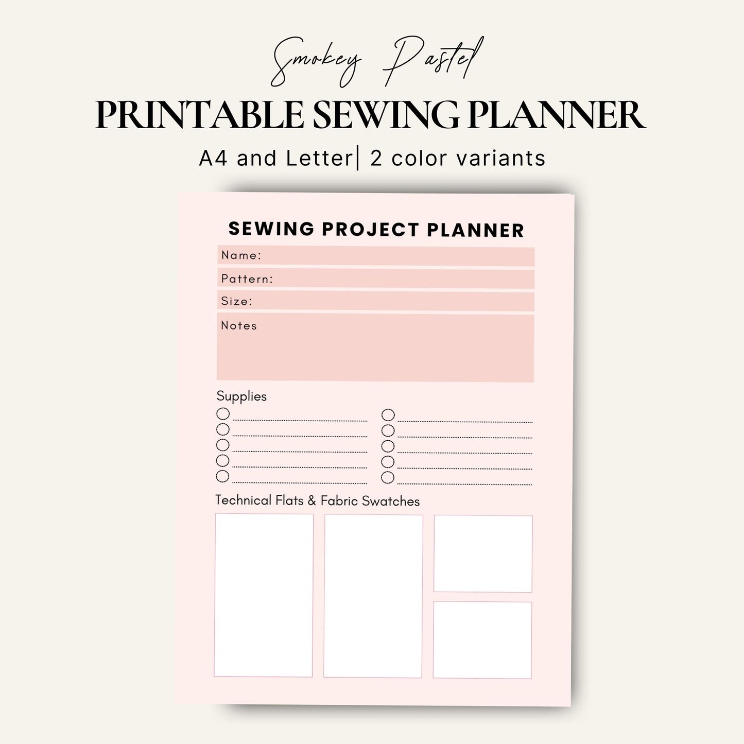 Printable sewing project planner in pink