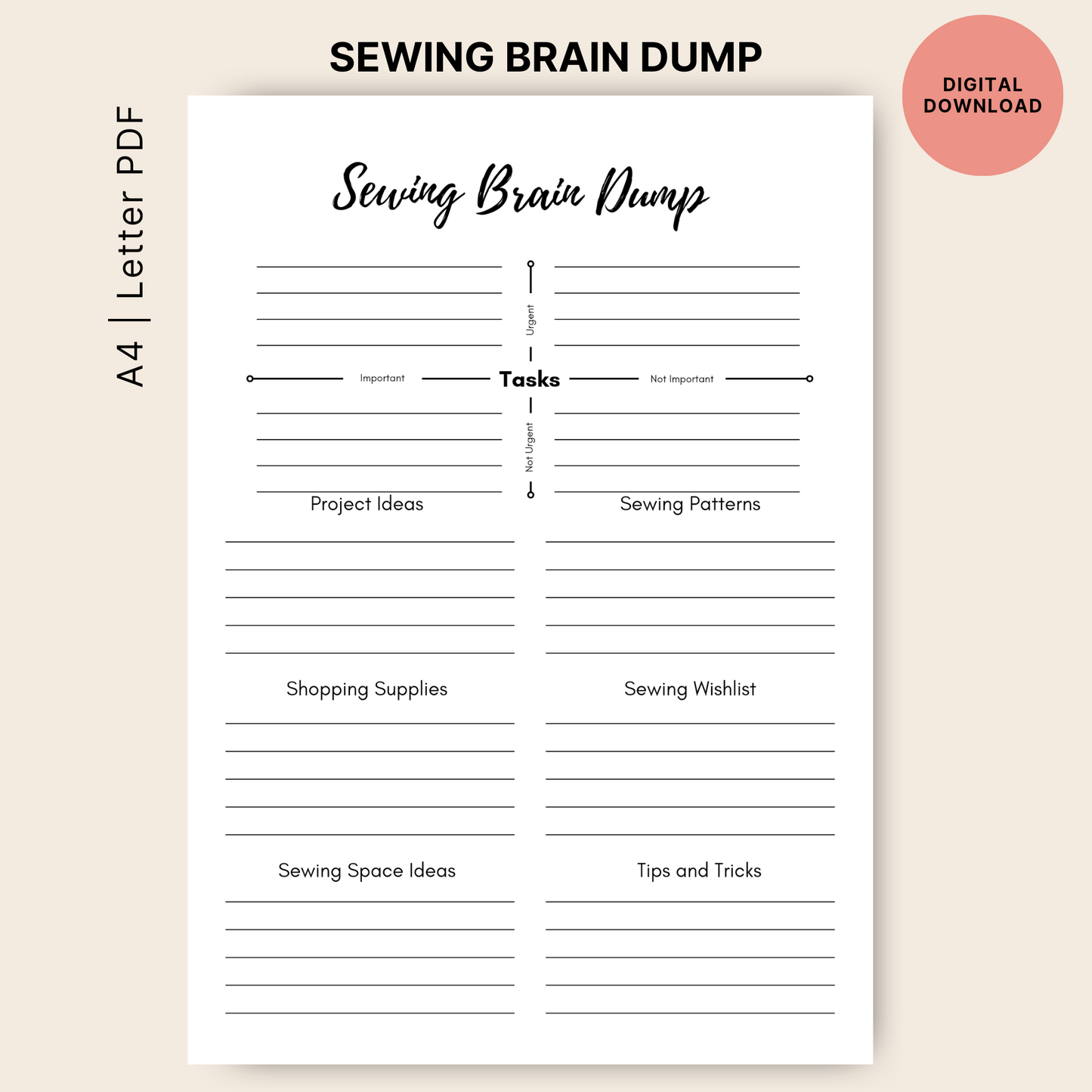 Brain dump sewing planner A4