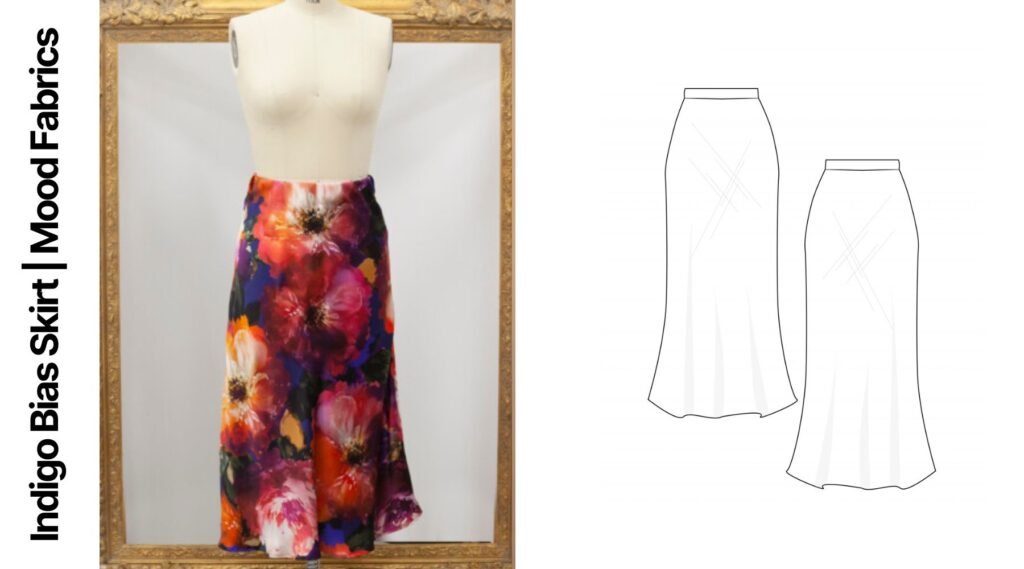 Indigo bias skirt sewing pattern showing a mannequin wearing a colorful floral skirt, alongside front and back technical drawings of the skirt.
