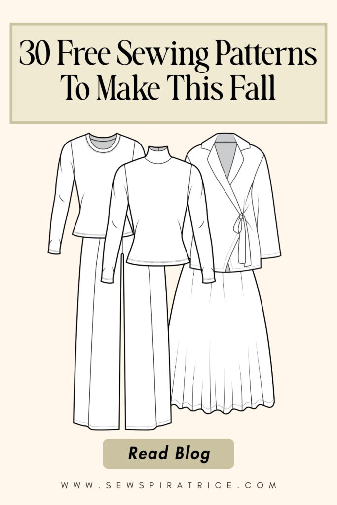 A promotional graphic with the text "30 Free Sewing Patterns To Make This Fall". Below the text are line drawings of three fall outfits. A button at the bottom says "Read Blog".