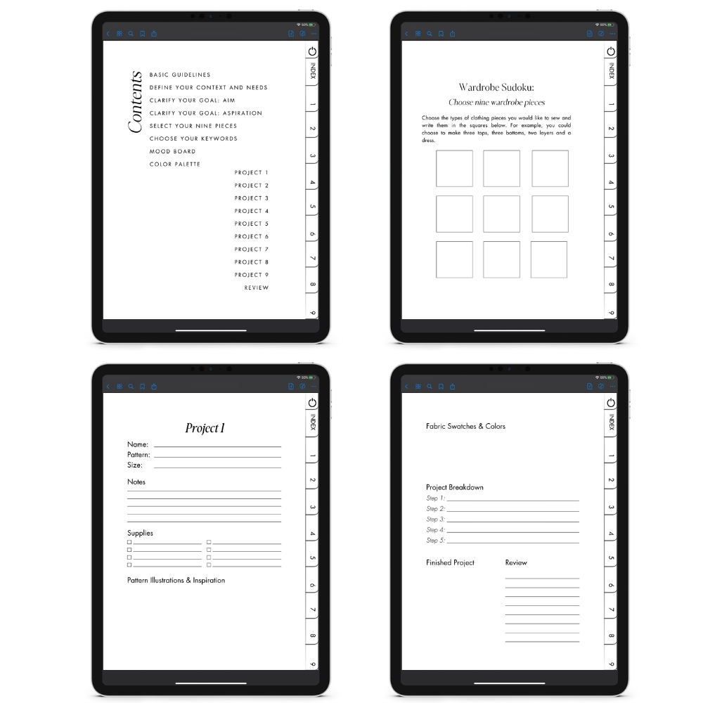 Four tablet screens showing different pages of the digital sewing planner, including the table of contents and project pages.