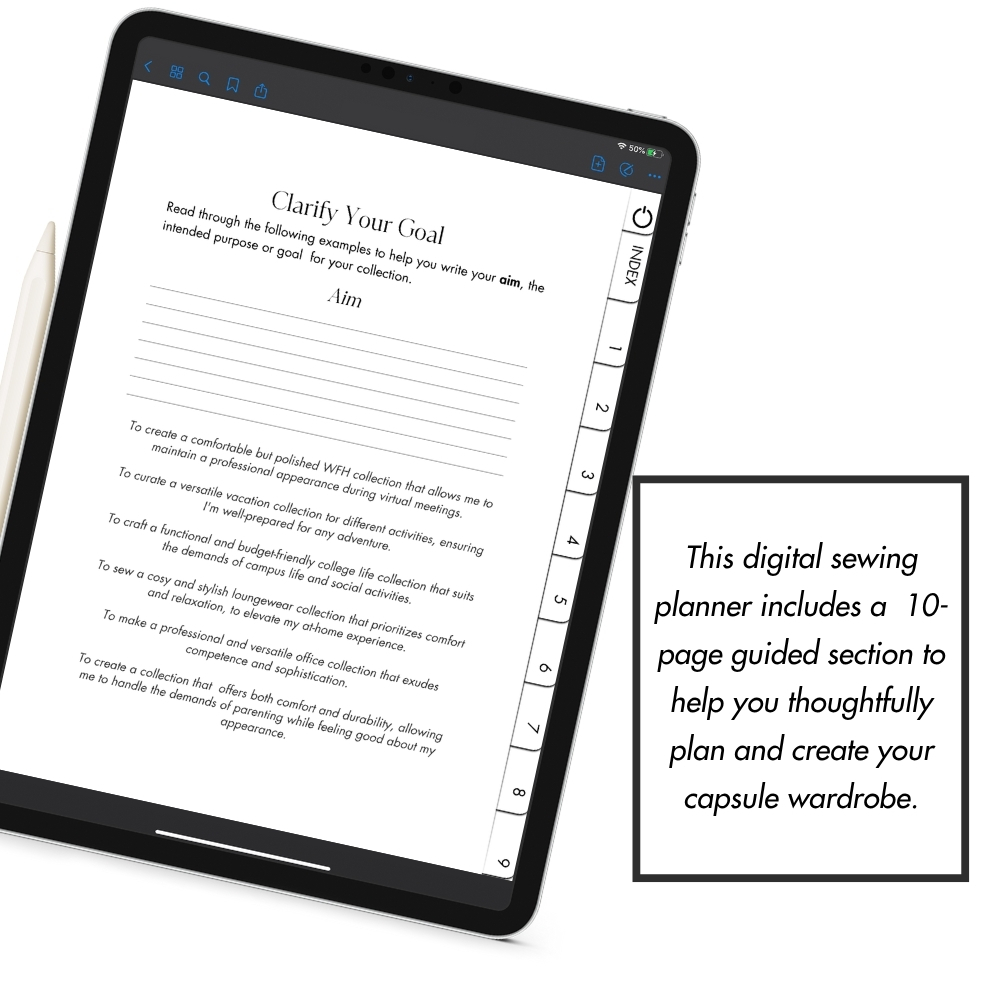 A tablet screen showing the "Clarify Your Goal" page of the digital sewing planner.