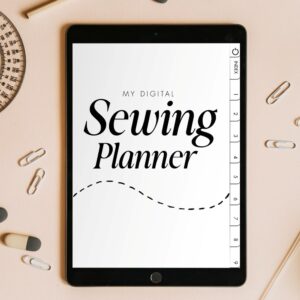 digital-sewing-planner-flatlay-mockup A flat-lay image of a tablet showing the "My Digital Sewing Planner" cover, surrounded by sewing notions like a protractor, paper clips, and pencils on a soft pink background.