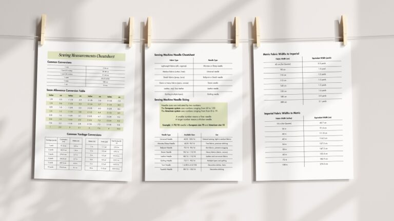 Three printable sewing cheat sheets hanging on a line with wooden pegs. The background is a softly lit wall