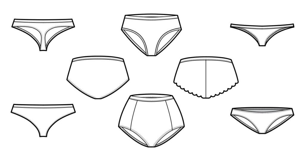 Black and white technical flat sketches of various panties styles including bikini, thong, high-waisted, and boyshorts.