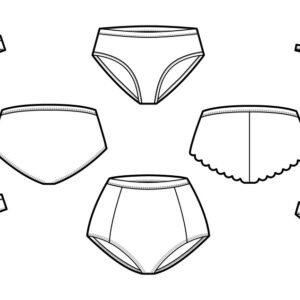 Black and white technical flat sketches of various panties styles including bikini, thong, high-waisted, and boyshorts.