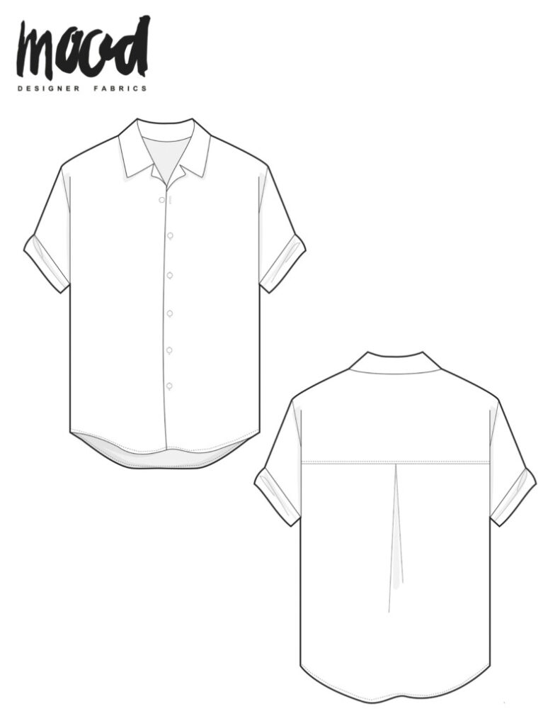 Technical flat sketch of the Mood Fabrics Carya shirt showing front and back views with short sleeves and button closure.
