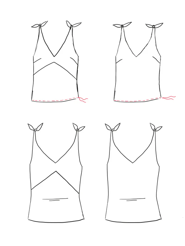 Technical flat sketches of four variations of the Cรฉdrat camisole with V-neckline and tie straps.