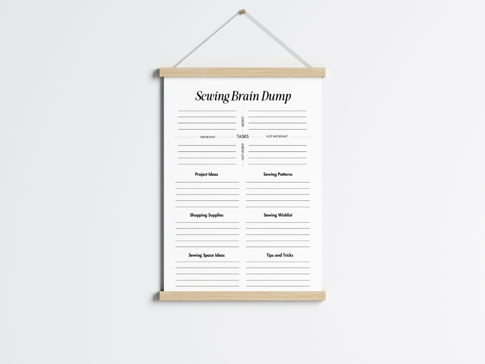 Printable Sewing Brain Dump Planner displayed in a wooden hanging frame.
