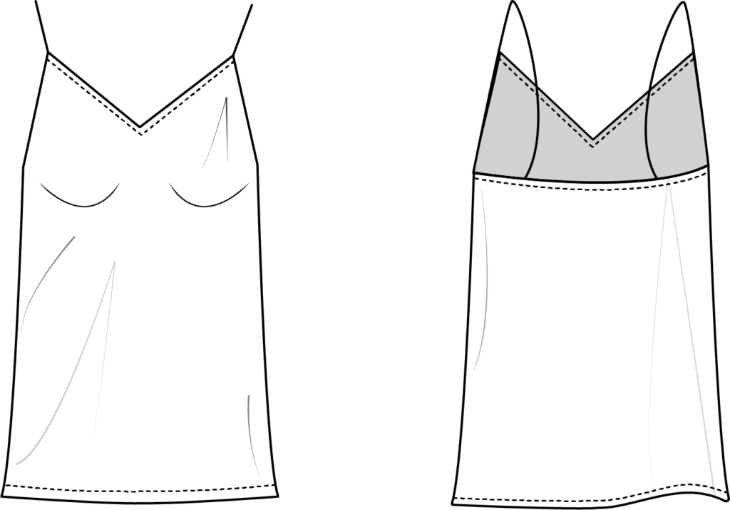 Technical flat sketch of the Marigold cami showing front and back views with bust darts and V-neckline.