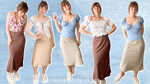 Woman modeling five variations of bias cut skirts paired with different tops, showing styling options.