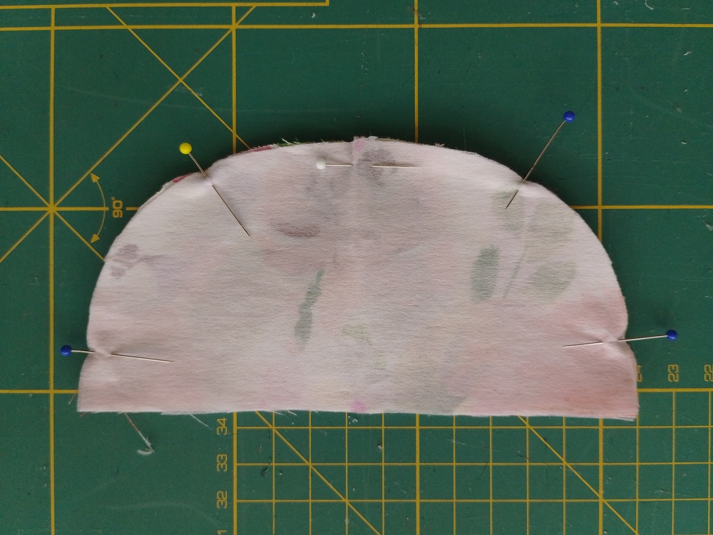 Flap of pouch pinned together with right sides facing