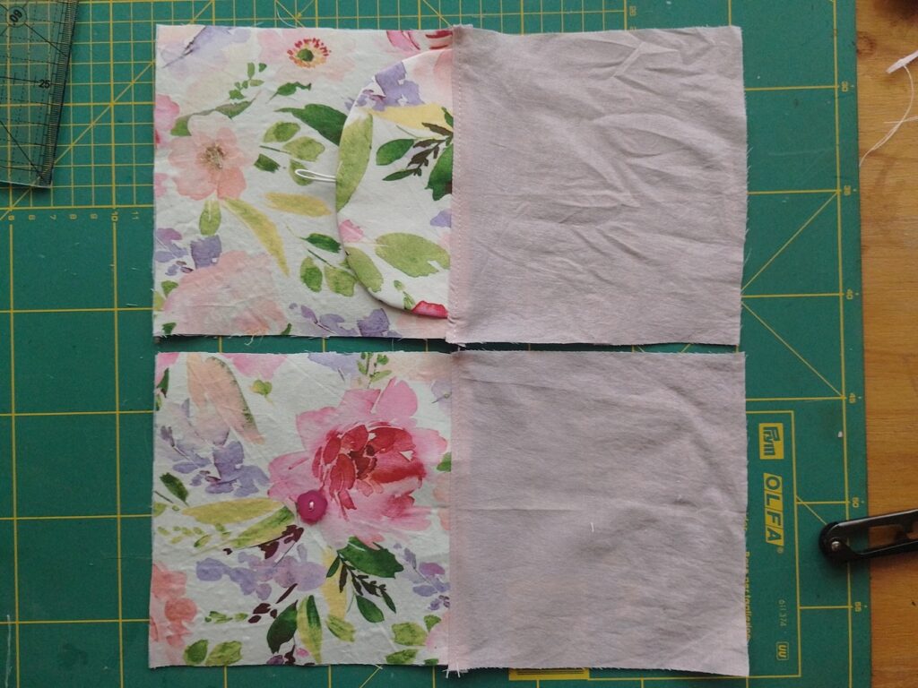 Two opened fabric panels showing main fabric on the left and lining on the right. The lining pieces each have a visible line of stitching