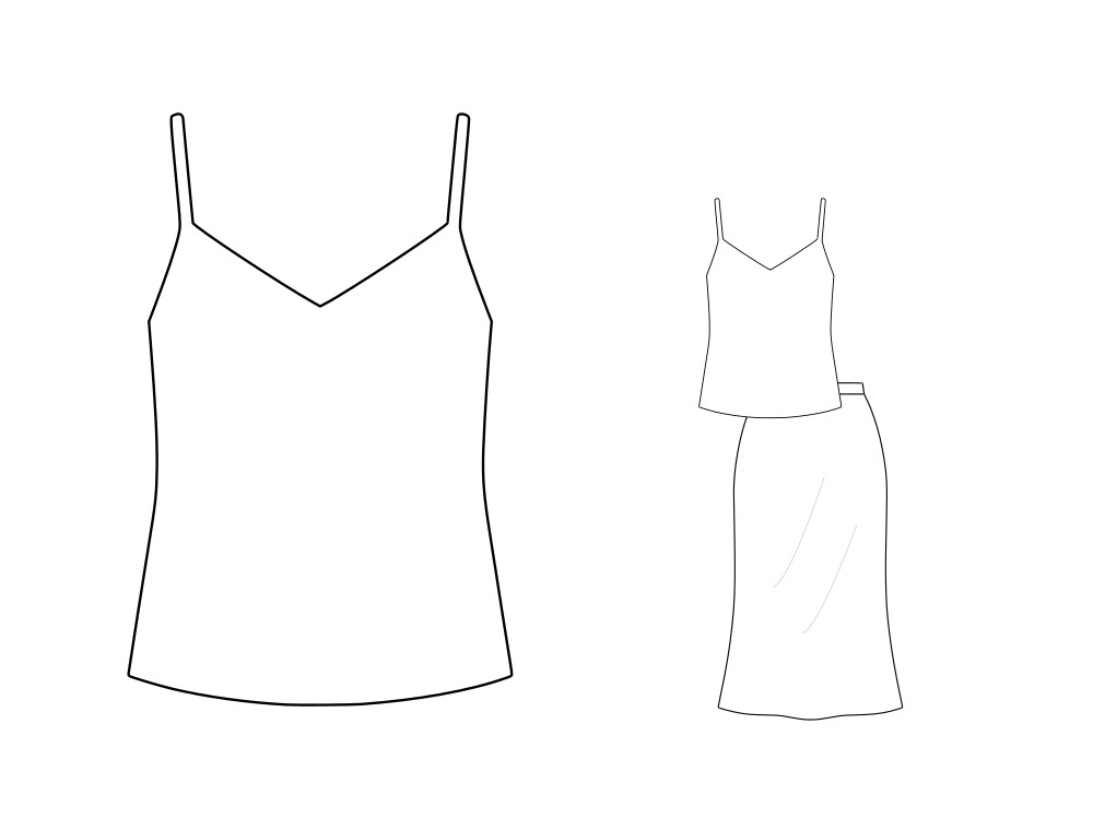 Black and white fashion flat of a camisole with thin straps and V-neckline. On the right, a small version shows the camisole paired with a long bias-cut skirt with a slightly flared hem.
