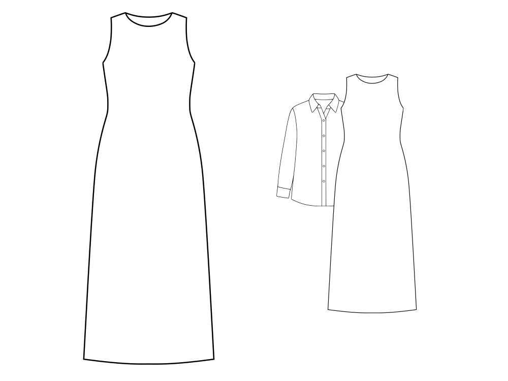 Black and white fashion flat of a sleeveless, round-neck, ankle-length dress with a fitted silhouette. On the right, a small version shows the dress paired with a classic button-down shirt layered over it.