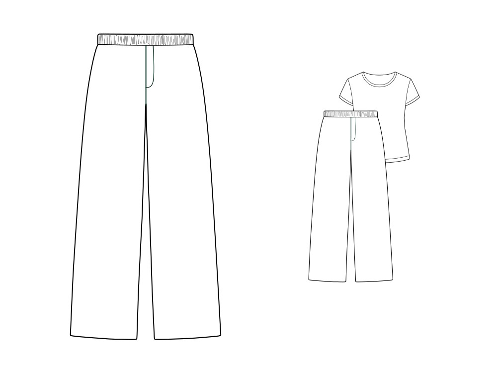 Black and white fashion flat of full-length wide-leg pants with elastic waistband and front fly detail. On the right, a small version shows the pants paired with a basic short-sleeve crew neck T-shirt.
