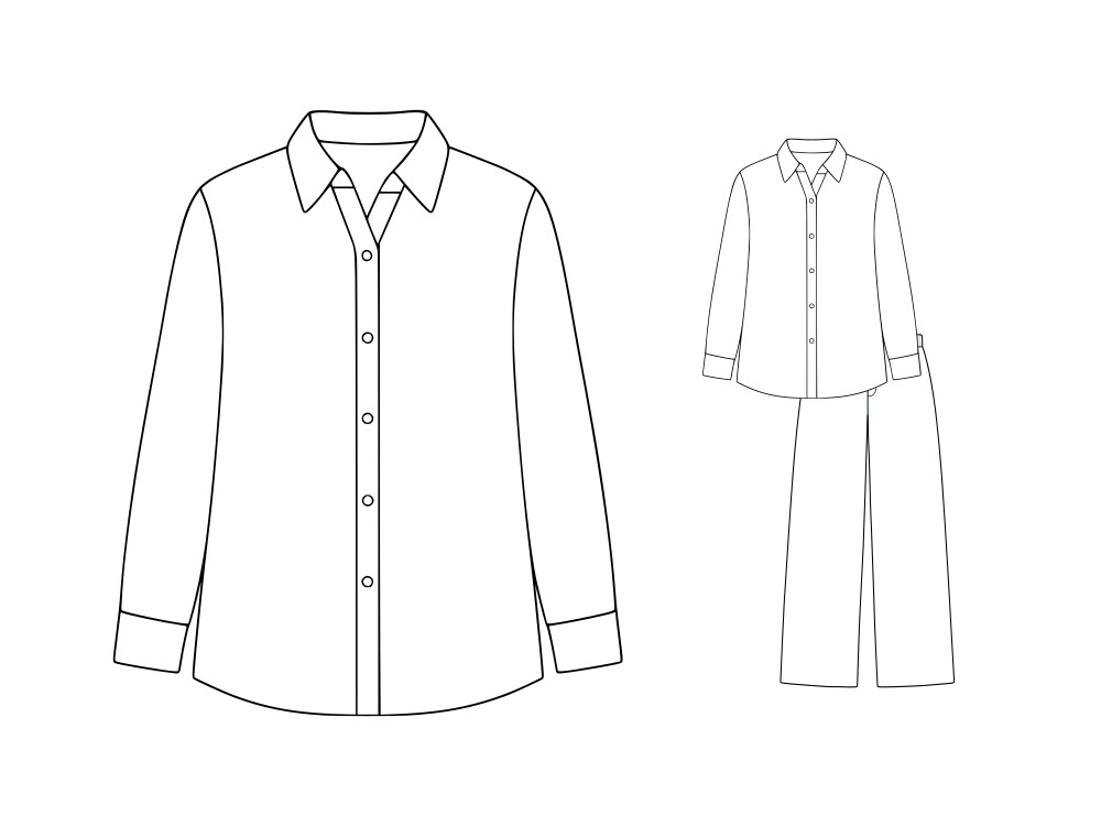 Black and white fashion flat of a long-sleeve button-down shirt with collar, button placket, and cuffs. On the right, a small version shows the shirt paired with wide-leg pants.