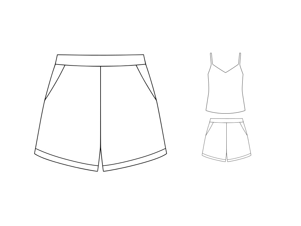 Black and white fashion flat of high-waisted shorts with slanted pockets and a wide waistband. On the right, a small version shows the shorts paired with a V-neck camisole.