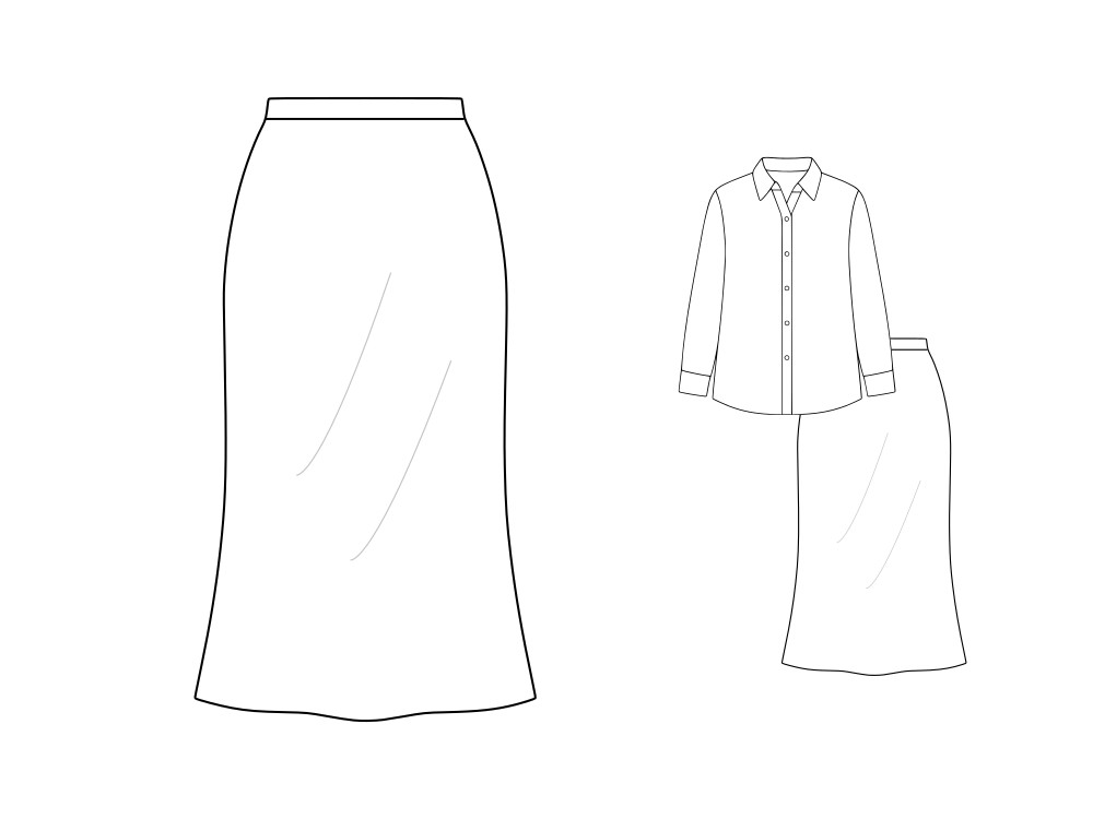 Black and white fashion flat of a midi-length bias skirt with a slight flare and smooth waistband. On the right, a small version shows the skirt paired with a button-down shirt.
