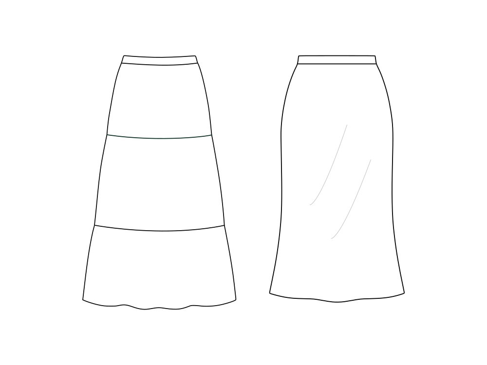 Black and white fashion flat showing two skirts side by side: one is a tiered maxi skirt with three gathered sections, and the other is a bias-cut midi skirt with a smooth flared silhouette.