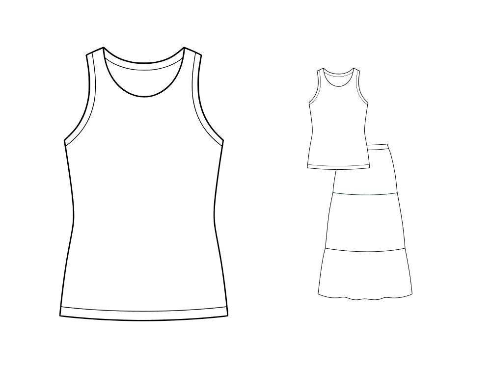 Black and white fashion flat of a sleeveless tank top with wide straps and a round neckline. On the right, a small version shows the tank paired with a tiered A-line maxi skirt.