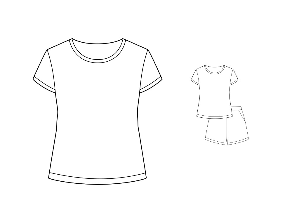 Black and white fashion flat of a short-sleeve T-shirt with crew neckline. On the right, a small version shows the T-shirt paired with high-waisted shorts with slanted pockets.