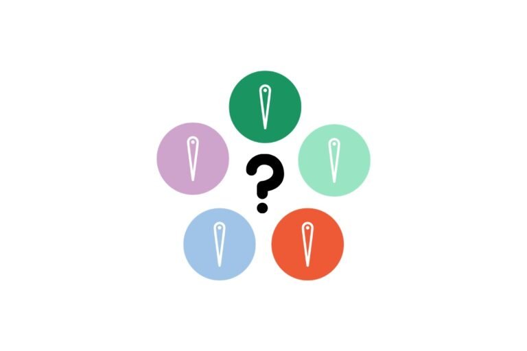 An illustration featuring five colorful circles arranged in a ring around a central black question mark. Each circle—in shades of purple, dark green, mint green, orange, and blue—contains a white icon of a sewing needle. The entire design is set against a plain white background.