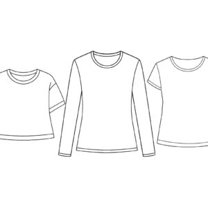 Line drawings of three different t-shirt styles. From left to right: a cropped short-sleeve t-shirt, a long-sleeve t-shirt, and a standard short-sleeve t-shirt.