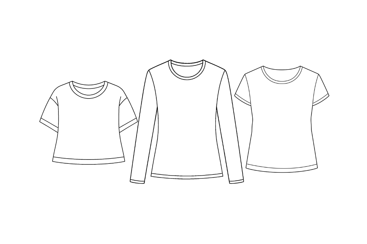 Line drawings of three different t-shirt styles. From left to right: a cropped short-sleeve t-shirt, a long-sleeve t-shirt, and a standard short-sleeve t-shirt.