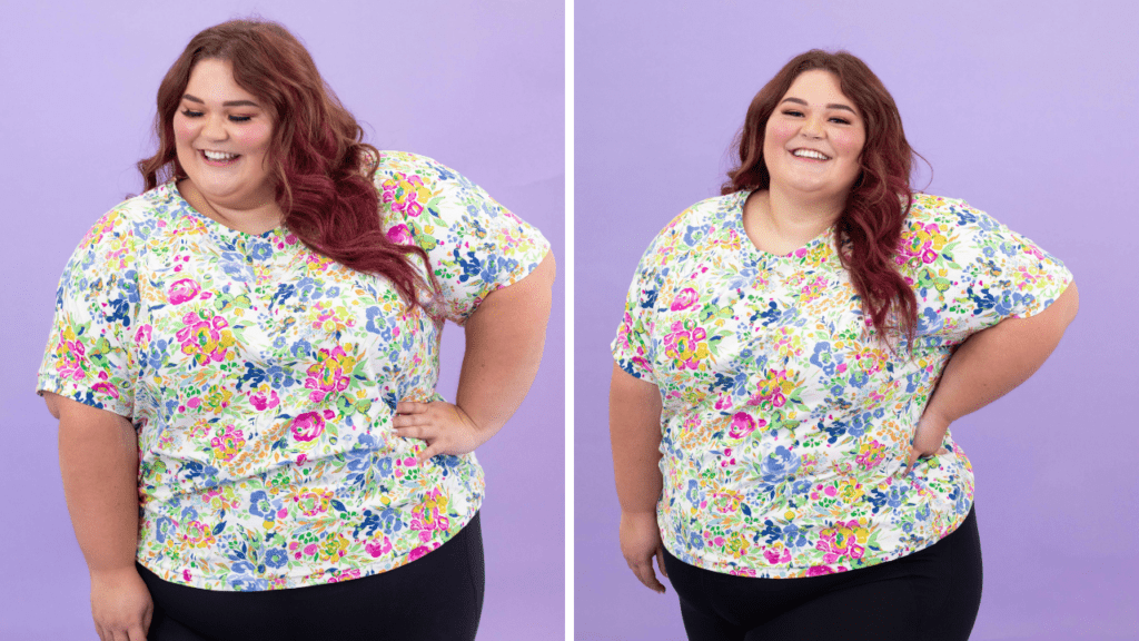 A smiling woman models a colorful floral print short-sleeved t-shirt in two side-by-side photos.