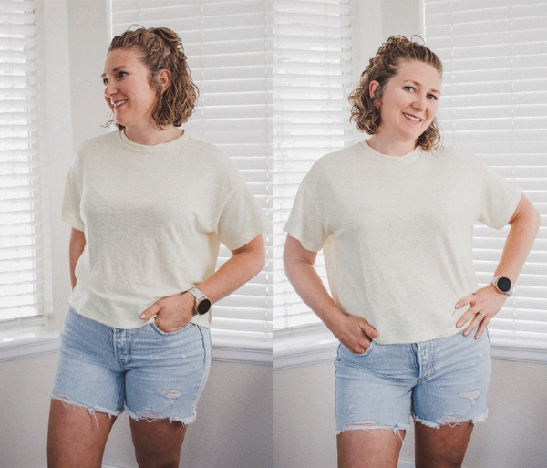 A two-panel image shows a woman wearing a cream-colored oversized t-shirt and denim shorts. In the left photo she looks to the side, and in the right photo she smiles at the camera.