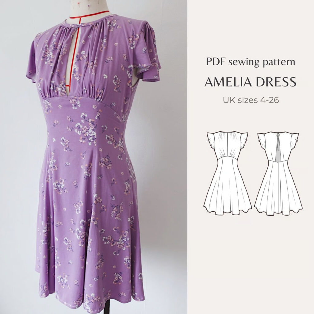 A purple floral dress with short flutter sleeves and a keyhole neckline is shown on a mannequin next to a technical drawing of the pattern.