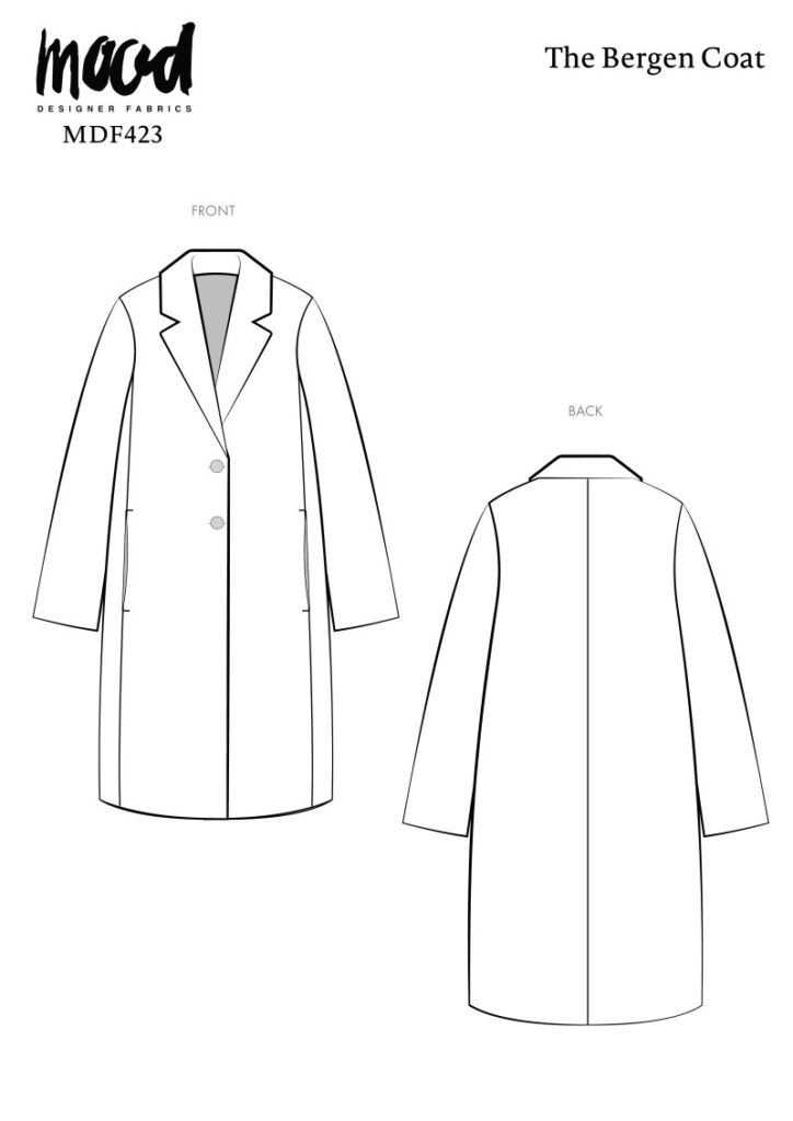 A technical drawing of the Bergen Coat sewing pattern from Mood Fabrics. It shows the front and back views of a simple, knee-length coat with a notched collar and two-button closure.