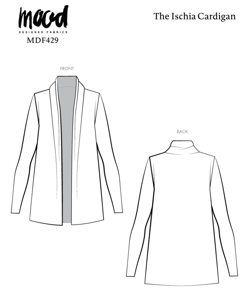 A technical drawing showing the front and back views of the Ischia Cardigan, an open-front style with a shawl collar.