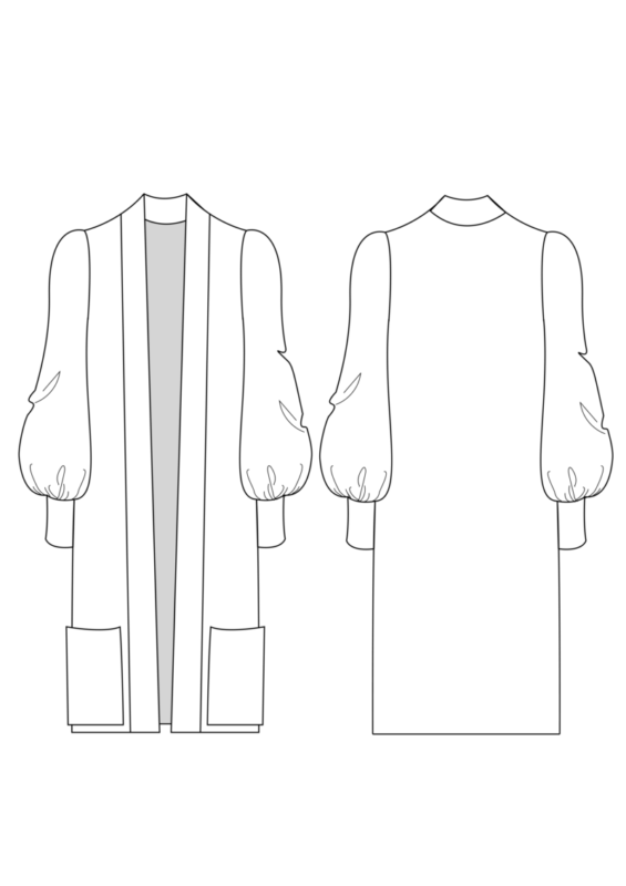 A technical drawing of the Willow Cardigan, showing the front and back views. The cardigan is long and open-front with large patch pockets and dramatic puffed sleeves that gather into a cuff.