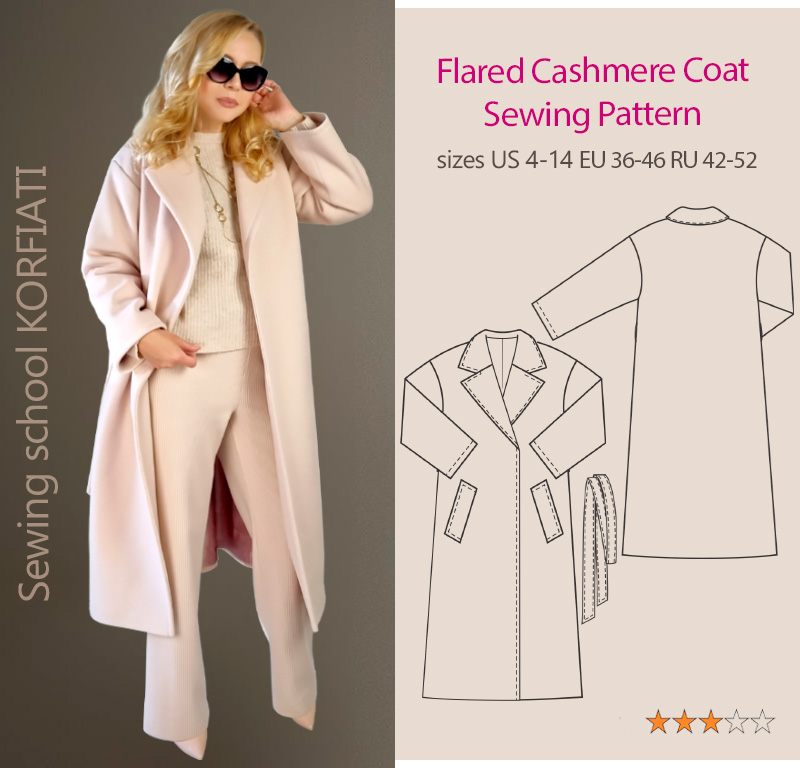 A collage showing a woman in a stylish pink cashmere wrap coat on the left, and a technical drawing of the sewing pattern on the right.