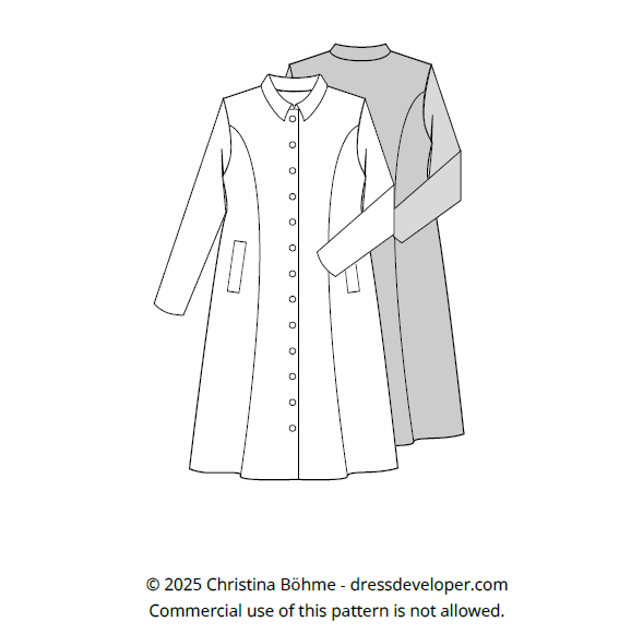 A technical drawing of a princess-seamed coat with a collar, front button closure, and welt pockets. A grayed-out back view is visible behind the front view.