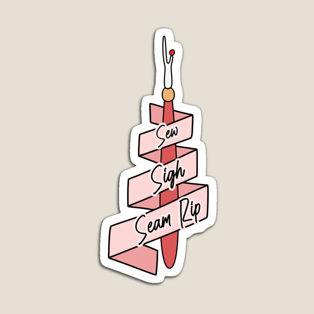 A sticker with ribbon wrapping around a seam ripper and the text 'Sew Sigh Seam Rip'.