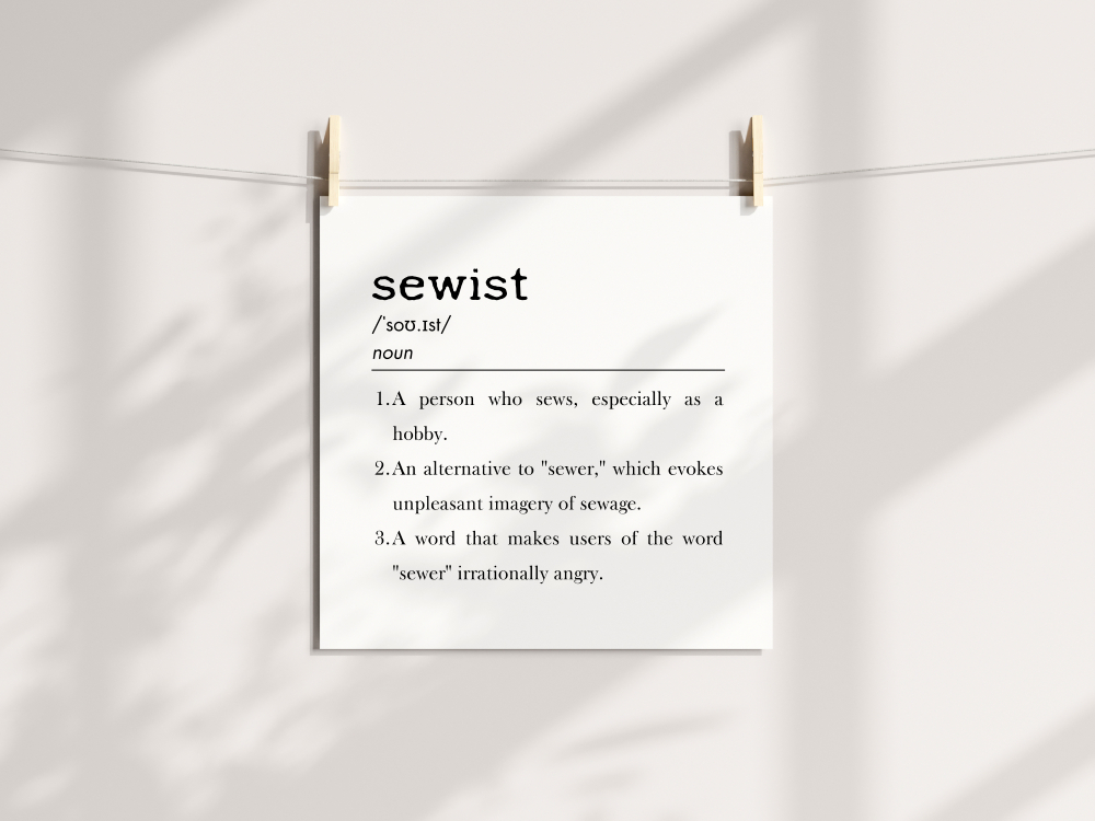 A square art print is clipped to a line by two wooden clothespins against a bright wall with soft, leafy shadows. The print itself features a dictionary-style definition of the word "sewist".