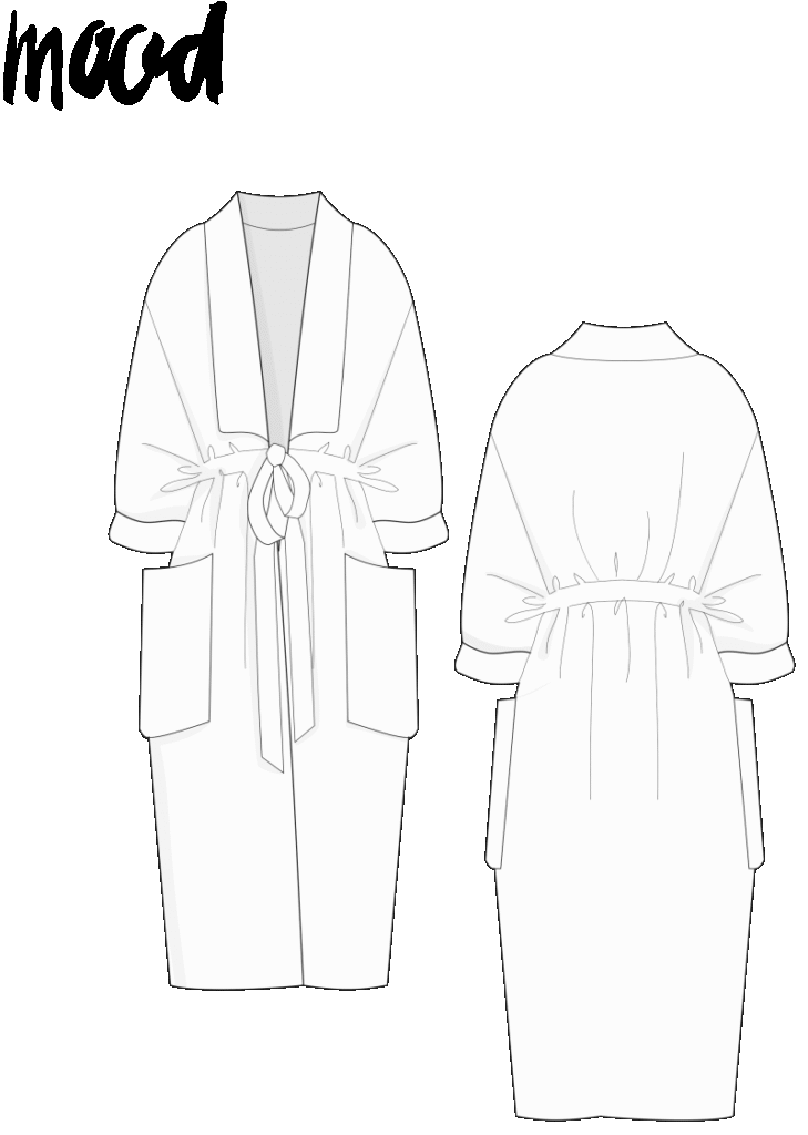 A technical drawing of the Blair Oversized Coat, showing the front and back views. The coat has a shawl collar, large patch pockets, and a tie belt that cinches the waist.