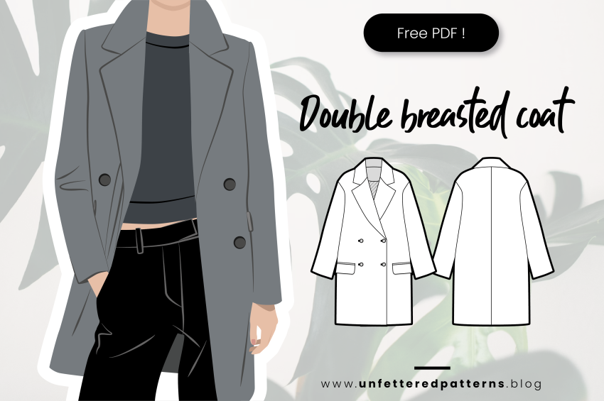 A promotional image for a free double-breasted coat pattern. On the left is an illustration of a person wearing the gray coat; on the right is a technical drawing showing the front and back views of the pattern.