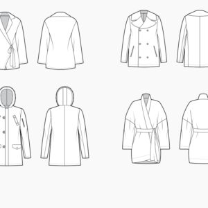 Technical drawings showing the front and back views of four different coat patterns: a wrap coat, a peacoat, a hooded parka, and a drop shoulder coat.