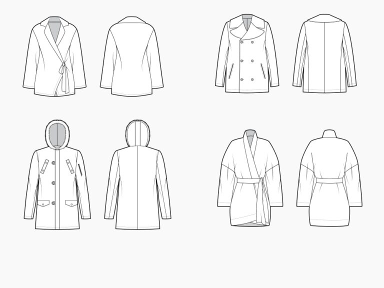 Technical drawings showing the front and back views of four different coat patterns: a wrap coat, a peacoat, a hooded parka, and a drop shoulder coat.