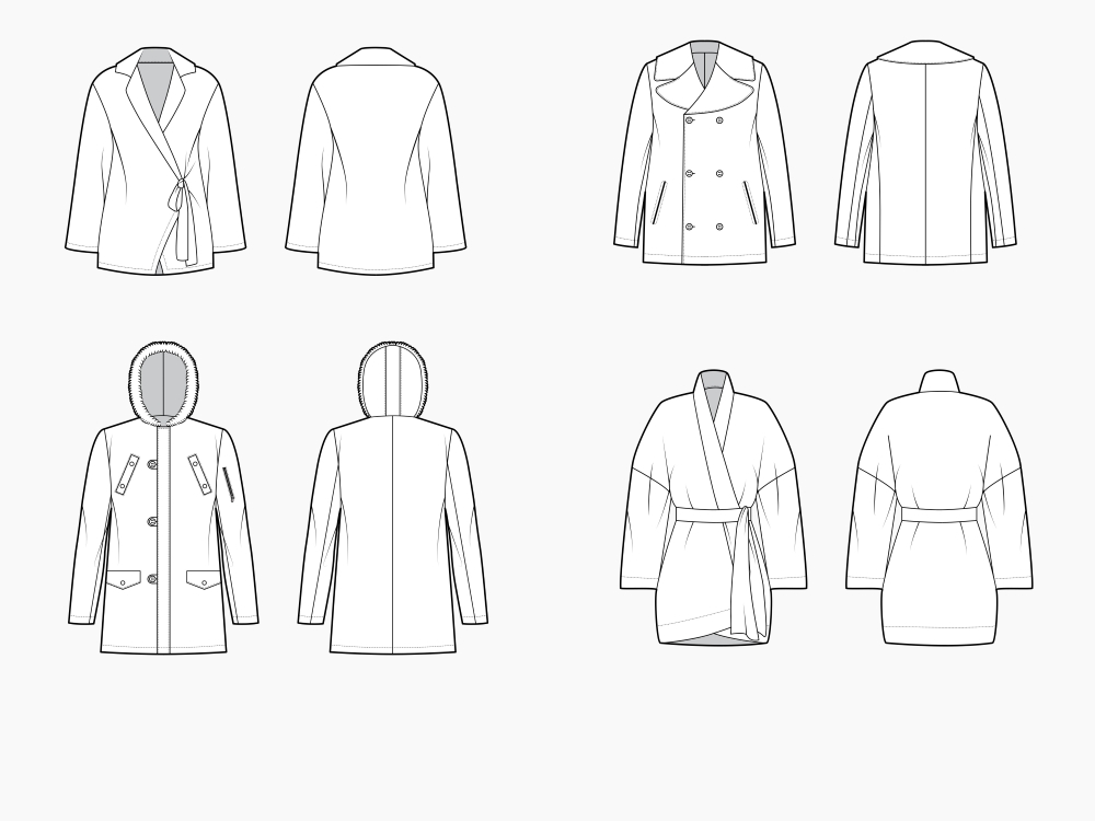 Technical drawings showing the front and back views of four different coat patterns: a wrap coat, a peacoat, a hooded parka, and a drop shoulder coat.