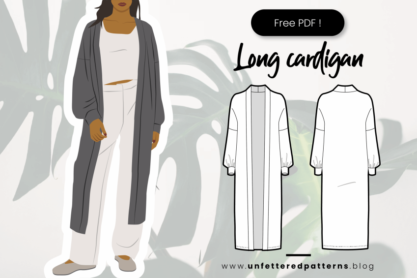 A promotional image showing an illustration of a woman in a long gray cardigan, next to a technical drawing of the pattern's front and back views.